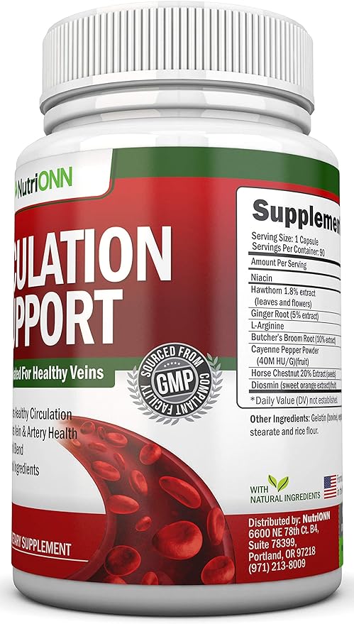 Blood Circulation Support - All Herbal Supplement For Healthy Blood Flow, Arteries & Veins - Promotes Leg Comfort - With Hawthorn, Niacin, L-Arginine, Butcher’s Broom, Cayenne Pepper, Horse Chestnut