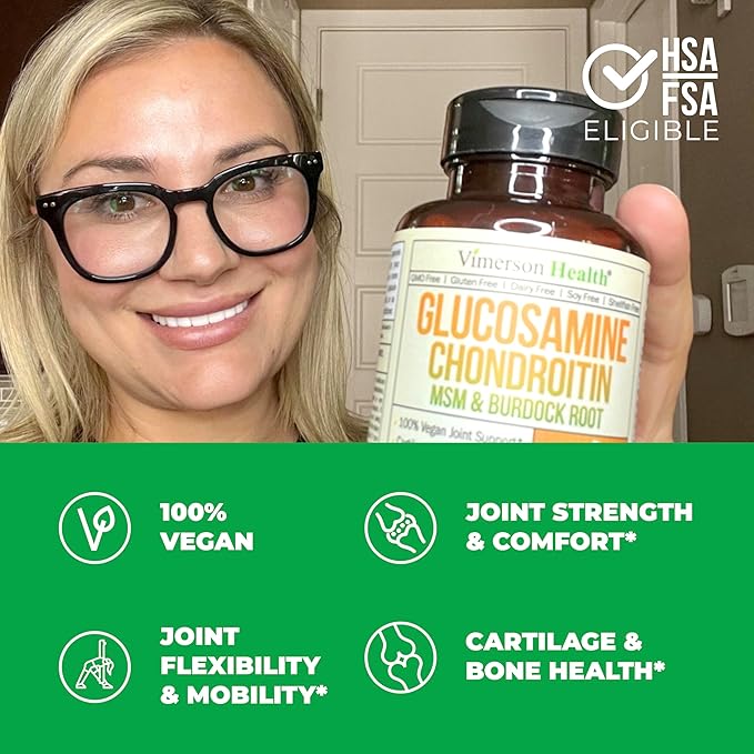 Vegan Glucosamine Chondroitin MSM - 100% Vegan Joint Support Supplement for Women & Men with Burdock and Glucosamine Sulfate 1500 mg. Used for Cartilage and Joint Health and Flexibility - 90 Capsules