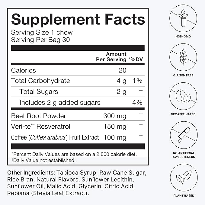 humanN SuperBeets Brain Supplements for Memory and Focus Chews, Mental Alertness, Clinically Studied Nootropics, Resveratrol Supplement Plus Beet Root Powder, Blueberry Pomegranate Flavor, 30 Count