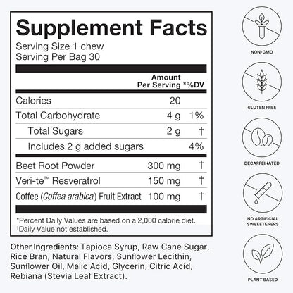 humanN SuperBeets Brain Supplements for Memory and Focus Chews, Mental Alertness, Clinically Studied Nootropics, Resveratrol Supplement Plus Beet Root Powder, Blueberry Pomegranate Flavor, 30 Count