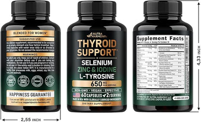 Thyroid Support for Women - Selenium 200 mcg | Zinc & Iodine | L-Tyrosine | Magnesium | Adaptogen Herbs - 21-in-1 Antioxidant & Immune Support - Vegan, Non-GMO, Lab Tested - 60 Capsules, Made in USA