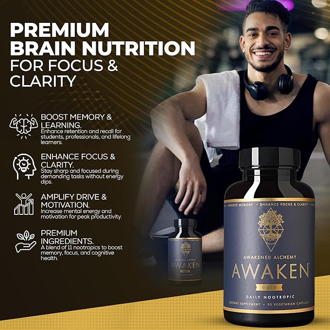 Awaken Gold Premium Nootropic Supplement | Advanced Brain Nutrition | Improve Memory & Learning | Enhance Focus & Clarity | Intensify Drive | 11 Premium Ingredients | 45 Servings