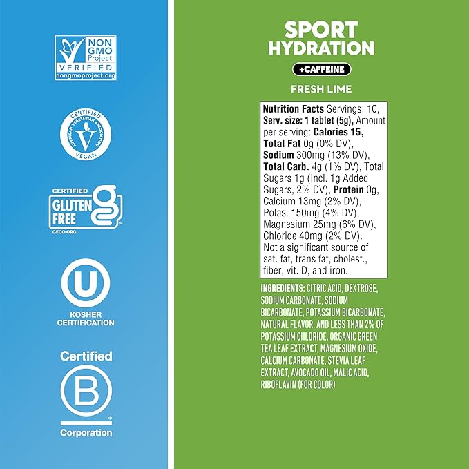 Nuun Sport + Caffeine Electrolyte Tablets - Dissolvable in Water, Fresh Lime Flavor, 5 Essential Electrolytes for Hydration, 1g Sugar Drink Mix, Vegan, Non-GMO, 8 Pack (80 Total Servings)