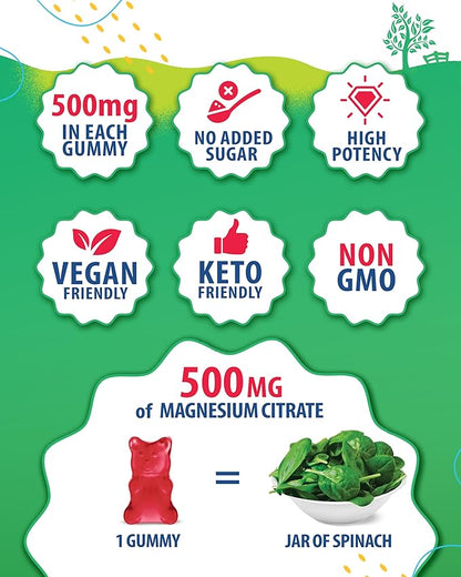 Sugar-Free Magnesium Gummies for Kids & Teens - 500mg Calm Magnesium Citrate Gummies - Chewable Magnesium Gummy Supplement for Sleep, Mood & Muscle Suppor
