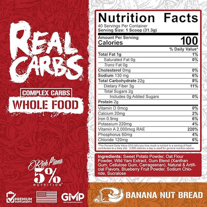 Rich Piana 5% Nutrition Real Carbs with Real Food Complex Carbohydrates, Long-Lasting Low Glycemic Energy for Pre-Workout/Post-Workout Recovery Meal, 2.7 Lb, 40 Servings (Banana Nut Bread)