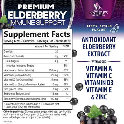 Immune Support Gummies - Powerful Sambucus Elderberry Gummies with Elderberry Extract, Zinc & Vitamin C Gummy, Max Potency Natural Vegan Immune Support Supplement for Adults & Children - 60 Gummies