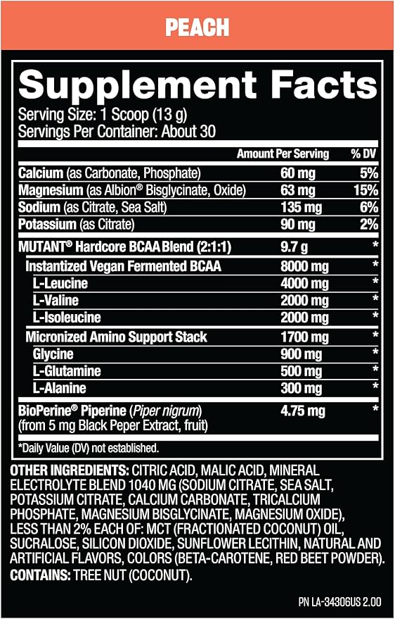 Mutant Hardcore BCAA - Pre, Intra or Post Workout – BCAA Next Level branched-Chain Amino Acids Supplement – Hydration + Recovery - 30 Serving -Peach