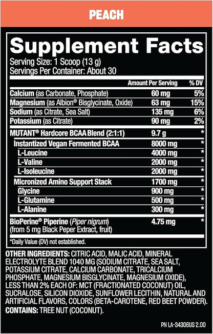 Mutant Hardcore BCAA - Pre, Intra or Post Workout – BCAA Next Level branched-Chain Amino Acids Supplement – Hydration + Recovery - 30 Serving -Peach