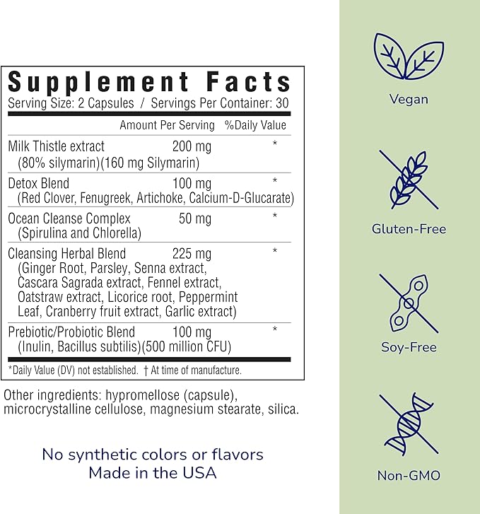 her own Cleanse, Gentle Detox, Supports Healthy Gut, Ocean Algae Cleanse, Prebiotic/Probiotic Blend, Cleansing Herbal Blend, Gluten and Soy Free, Vegan, 60 Capsules, 30 Servings, Multicolor