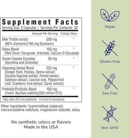 her own Cleanse, Gentle Detox, Supports Healthy Gut, Ocean Algae Cleanse, Prebiotic/Probiotic Blend, Cleansing Herbal Blend, Gluten and Soy Free, Vegan, 60 Capsules, 30 Servings, Multicolor