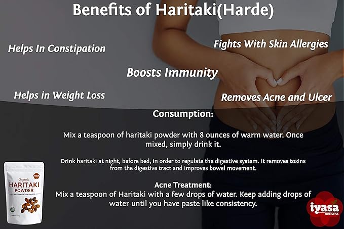 Organic Haritaki Powder, Harde, Harad, Terminalia chebula, Kadakapudi, Ayurveda herb for Digestion, Gas Relief, Healthy Bowel Function, superfood, Resealable Pouch of 4 oz