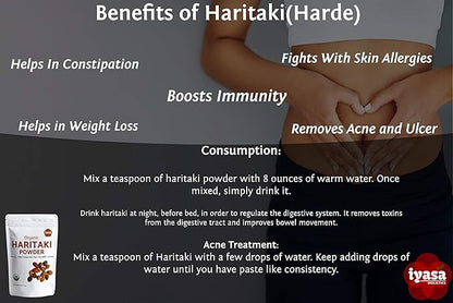 Organic Haritaki Powder, Harde, Harad, Terminalia chebula, Kadakapudi, Ayurveda herb for Digestion, Gas Relief, Healthy Bowel Function, superfood, Resealable Pouch of 4 oz