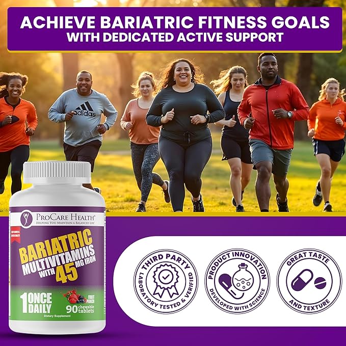 Procare Health Bariatric Multivitamin with Iron 45mg Chewable (90 Tablets) - Fruit Punch Flavor Bariatric Multivitamin Chewable Pills for Gastric Bypass & Sleeve Gastrectomy Patients (03 Month Supply)