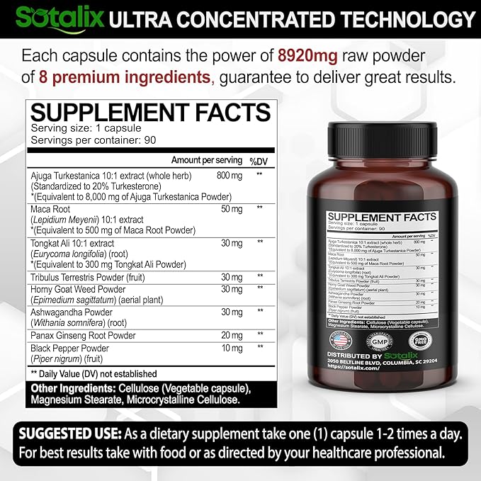 Ultra Turkesterone 8920mg Ajuga Turkestanica Extract Standardized 20% Turkesterone High Potency with Maca Root Tribulus Terrestris - Muscle Growth Energy Memory Support