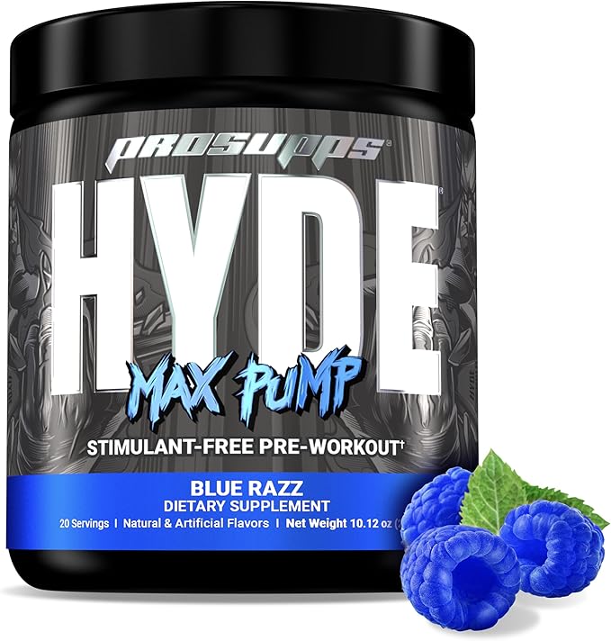 PROSUPPS Hyde Max Pump Pre Workout for Men and Women - Nitric Oxide Supplement for Pump and Endurance - Stimulant Free Pre Workout to Promote Blood Flow and Muscle Strength (Blue Razz, 20 Servings)