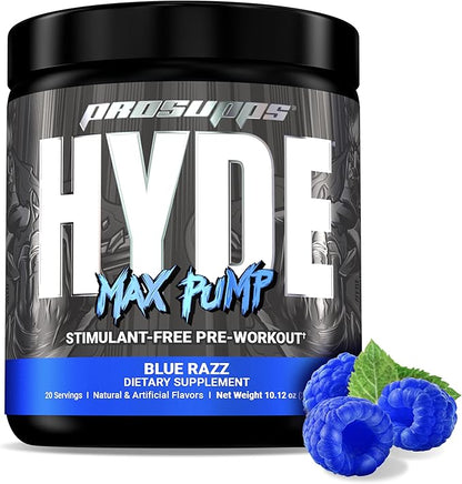 PROSUPPS Hyde Max Pump Pre Workout for Men and Women - Nitric Oxide Supplement for Pump and Endurance - Stimulant Free Pre Workout to Promote Blood Flow and Muscle Strength (Blue Razz, 20 Servings)