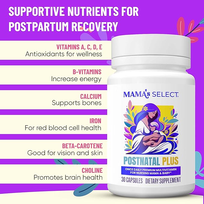 Mama's Select Postnatal Vitamins – Boosts Hair Recovery, Milk Supply, & Wellness – Allergen-Free, Vegan, MTHFR Friendly, Methylated Folate & B Vitamins, Easy-to-Swallow, No Biotin - 30 Capsules