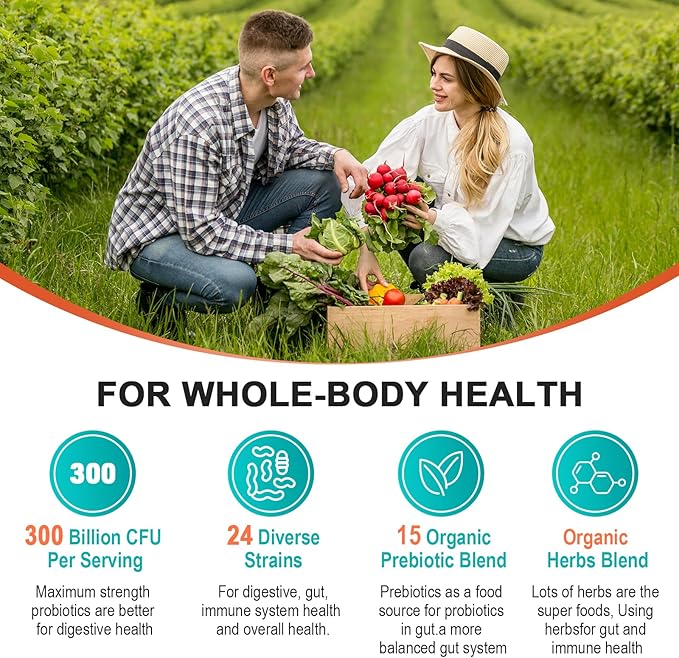 Probiotics for Women & Men - 300 Billion CFU, 24 Strains Probiotic + 15 Organic Herbs Prebiotics Blend, Daily Prebiotics and Probiotics for Digestive Health, Gut, Immune, Bloating - 2 Months Supply