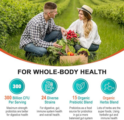 Probiotics for Women & Men - 300 Billion CFU, 24 Strains Probiotic + 15 Organic Herbs Prebiotics Blend, Daily Prebiotics and Probiotics for Digestive Health, Gut, Immune, Bloating - 2 Months Supply