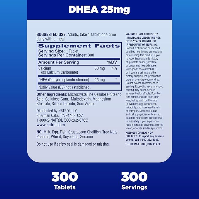 Natrol Mood & Stress DHEA 25mg With Calcium, Dietary Supplement for Balance of Certain Hormone Level and Mood Support, 300 Tablets, 300 Day Supply