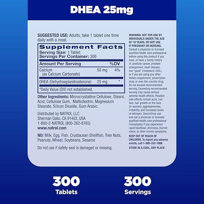 Natrol Mood & Stress DHEA 25mg With Calcium, Dietary Supplement for Balance of Certain Hormone Level and Mood Support, 300 Tablets, 300 Day Supply