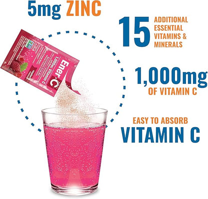 Ener-C Raspberry Multivitamin Drink Mix Powder Vitamin C 1000mg & Electrolytes with Real Fruit Juice Natural Energy & Immune Support for Women & Men - Non-GMO Vegan & Gluten Free - 60 Count