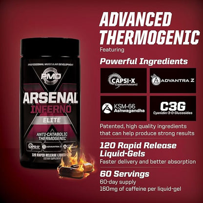 PMD Sports Arsenal X Inferno Superior Fast-Acting Liquid Gel Thermogenic Dietary Supplement - Fat Burner and Muscle Maintenance - Increase Metabolism and Energy Booster - 120 Liquid Gels