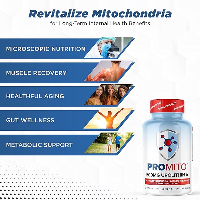 ProMito - Urolithin A Supplement - 500mg Pure Urolithin A Dietary Supplement for Men & Women - Good Alternative to NMN, NAD, CoQ10, Resveratrol & PQQ - Max Life Naturals, 60 Capsules