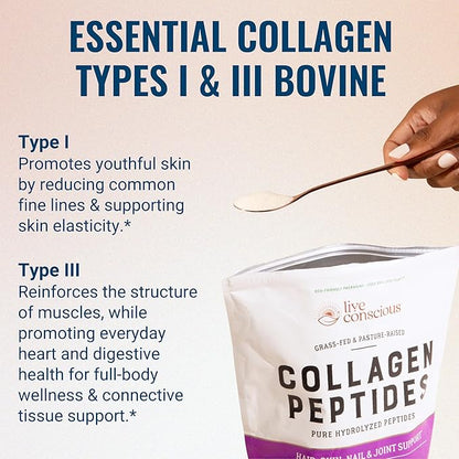 Live Conscious Collagen Peptides Powder - Naturally-Sourced Hydrolyzed Collagen Powder - Hair, Skin, Nail, and Joint Support - Type I & III Grass-Fed Collagen Supplements for Women and Men - 16oz