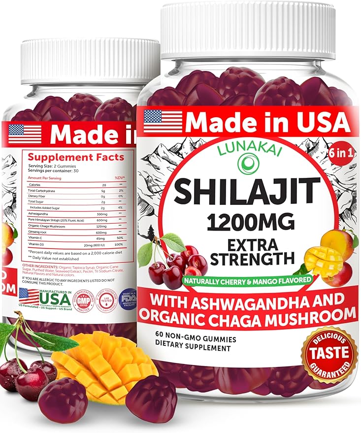 Lunakai USA Made Pure Shilajit Gummies 1200mg with Ashwagandha, Chaga, Vitamin C & D3 - Himalayan Shilajit for Men & Women, Energy & Vitality, 60ct