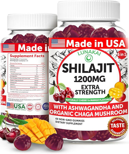Lunakai USA Made Pure Shilajit Gummies 1200mg with Ashwagandha, Chaga, Vitamin C & D3 - Himalayan Shilajit for Men & Women, Energy & Vitality, 60ct