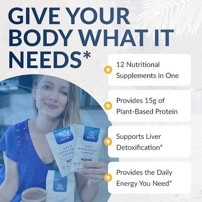 Equilife - Daily Nutritional Support, Organic and Plant Based Protein Powder, All-in-one Multivitamin, Boost Energy and Mood, Gut-Cleansing Aid and Skin Health (Pure Chocolate,14 Servings Packets)