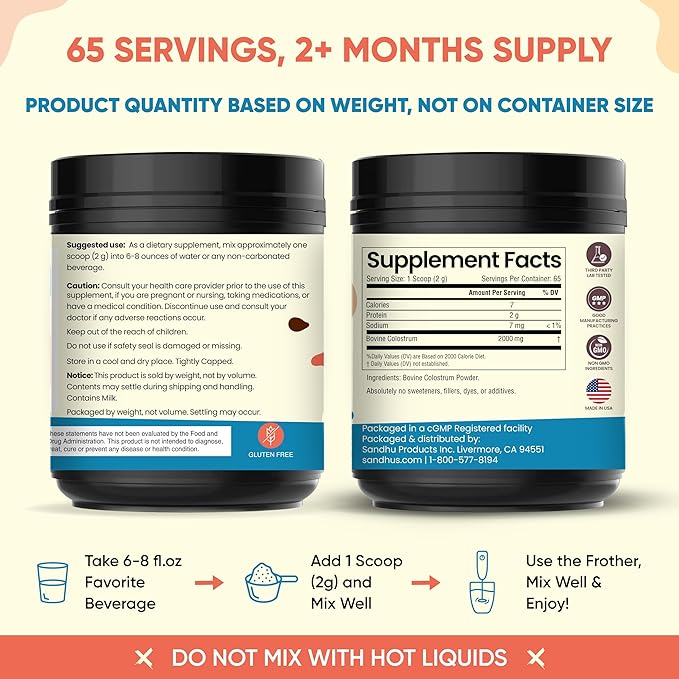 Grass Fed Bovine Colostrum Powder For Humans, Adults | 65 Servings Cows Supplement | High IgG For Best Gut Health | Immunity & Muscle Recovery Support | Unflavored Moo Superfood For Men & Women