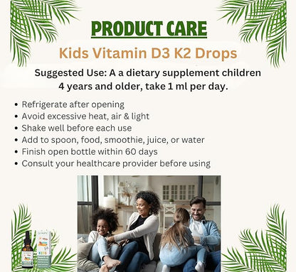 Go Healthy Vitamin D3 K2 (MK-7) All-Trans Drops for Kids - Easy-to-Absorb Vegan D Liquid, Children's Growth & Immune Support, Gluten Free, Delicious Vanilla Flavor - 30 Servings