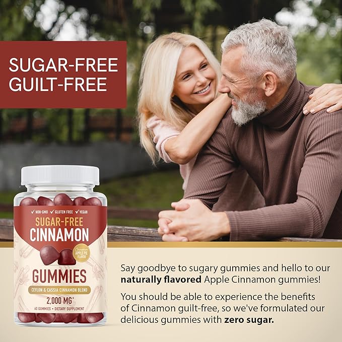 Sugar-Free Cinnamon Gummies 2000MG with Ceylon Cinnamon & Cassia Complex | Sugar-Free Lifestyle Supplement & Guilt-Free Cinnamon Apple Flavor with Chromium | Vegan, Non-GMO, Gluten-Free | 60 Gummies