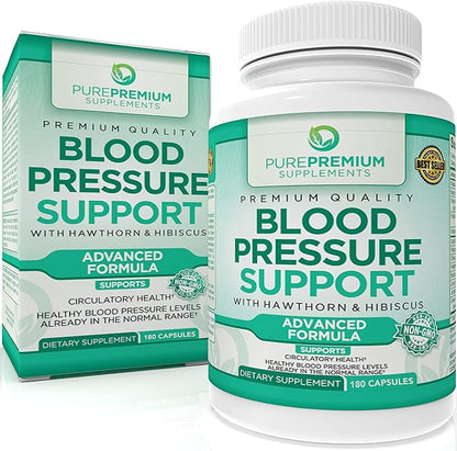 PurePremium Blood Pressure Support with Hawthorn Berry, Hibiscus - Nitric Oxide with Vitamin B6 - Garlic Supplements for Normal Nitric Oxide Supplement - 180 Caps