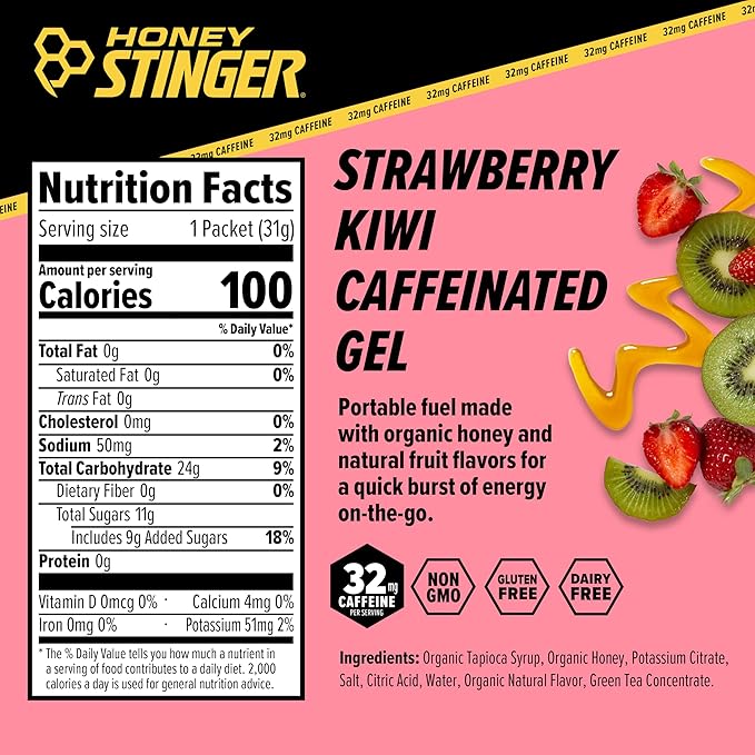 Honey Stinger Organic Strawberry Kiwi Energy Gel | Caffeinated & Gluten Free | For Exercise, Running and Performance | Sports Nutrition for Home & Gym, Pre and Mid Workout | 12 Pack, 13.2 Ounce