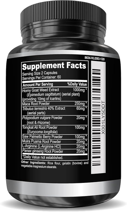 Super Strength 1590mg Horny Goat Weed 120 Capsules With Maca Arginine & Ginseng - Naturally Boost your Health, Workout Performance, Endurance & Energy, Joint Health For Men & Women (120C)