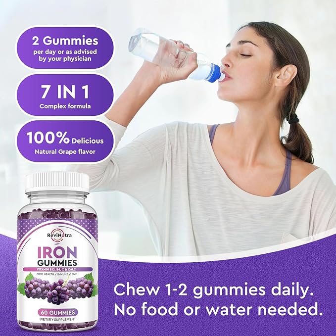 Iron Gummies - with Calcium, Zinc, Folate & Vitamin B12, C, B6 for Adults & Kids - Blood Builder & Energy Support for Iron Deficiency, Anemia, Vegan - 2 Pack Grape Flavour,60 Gummies