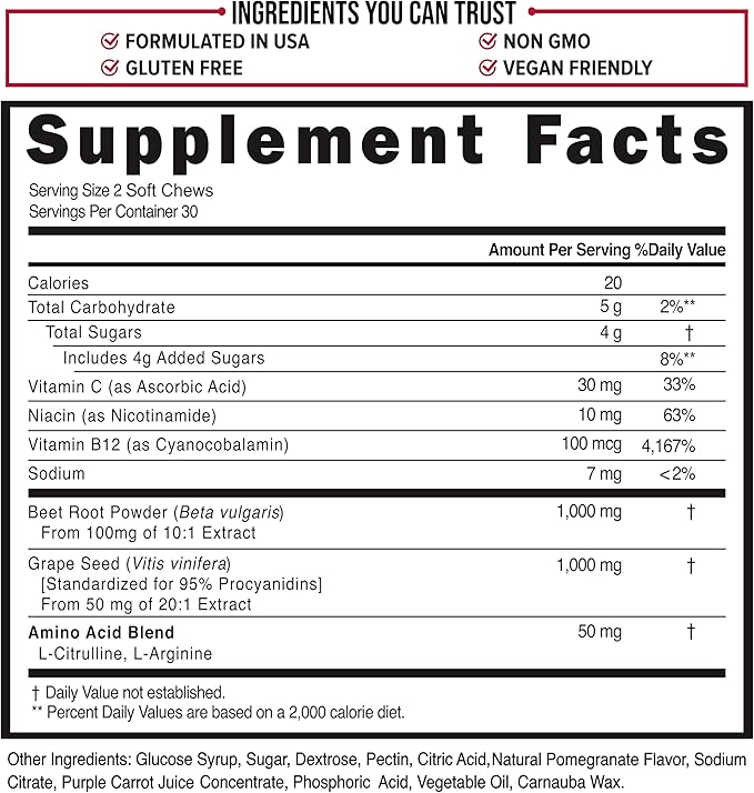 Beetroot Nitric Oxide Supplement - 1000mg Beet Powder with L Arginine, L Citrulline, Grape Seed Extract, Niacin, Vitamin C & B12 - Beet Chews - Pack of 60