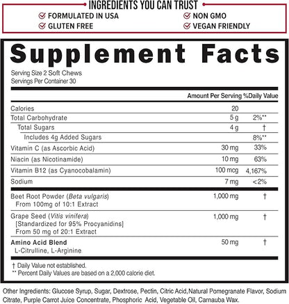 Beetroot Nitric Oxide Supplement - 1000mg Beet Powder with L Arginine, L Citrulline, Grape Seed Extract, Niacin, Vitamin C & B12 - Beet Chews - Pack of 60