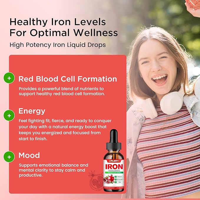 Liquid Iron Supplement for Women Men & Kids Multivitamin Iron Drops with Folate, Vitamin C, B6, B12, Zinc for Anemia, Iron Deficiency, Blood Builder, Energy - Natural Pomegranate Flavor, Vegan 2 Fl Oz
