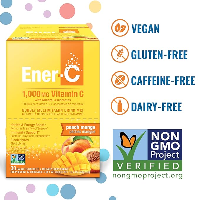 Ener-C Peach Mango Multivitamin Drink Mix Powder Vitamin C 1000mg & Electrolytes with Real Fruit Juice Natural Energy & Immune Support for Women & Men - Non-GMO Vegan & Gluten Free - 30 Count
