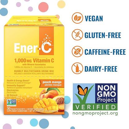 Ener-C Peach Mango Multivitamin Drink Mix Powder Vitamin C 1000mg & Electrolytes with Real Fruit Juice Natural Energy & Immune Support for Women & Men - Non-GMO Vegan & Gluten Free - 30 Count