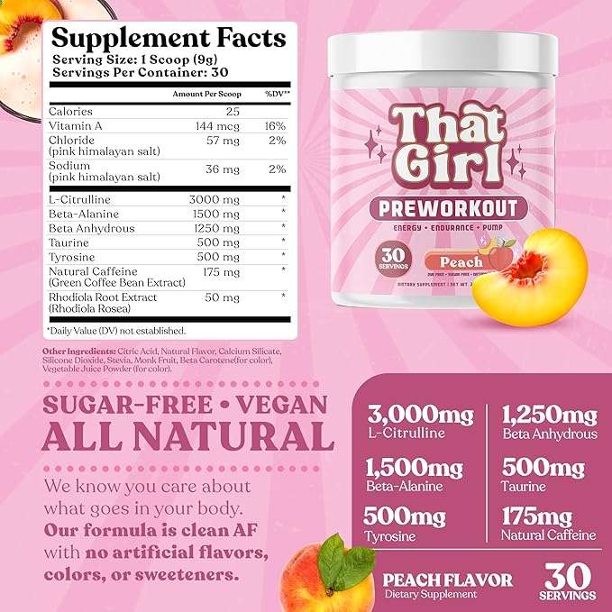 That Girl Pre Workout for Women - Slay Your Gym Sesh with Pure Fire Energy & Mega Pumps - 100% Natural & Clean - Delish Peach Flavor - 30 Servings