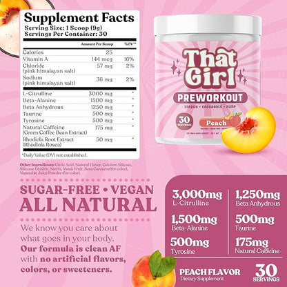 That Girl Pre Workout for Women - Slay Your Gym Sesh with Pure Fire Energy & Mega Pumps - 100% Natural & Clean - Delish Peach Flavor - 30 Servings