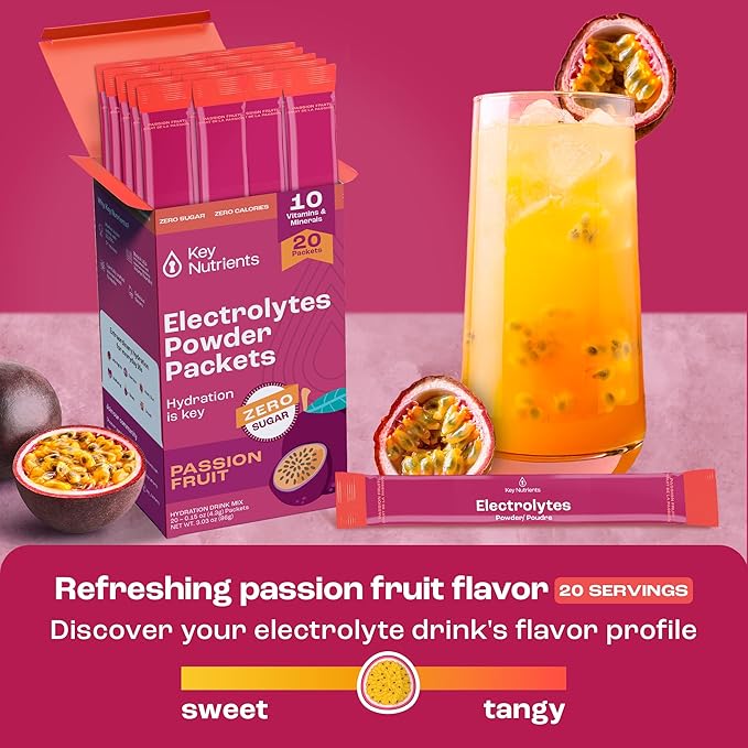 KEY NUTRIENTS Multivitamin Electrolytes Powder Packets - Delicious Passion Fruit 20 Pack Hydration Packets - Travel Hydration Powder - No Sugar, No Calories, Gluten Free - Made in USA