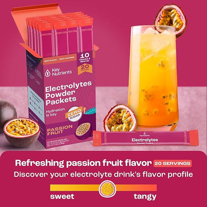 KEY NUTRIENTS Multivitamin Electrolytes Powder Packets - Delicious Passion Fruit 20 Pack Hydration Packets - Travel Hydration Powder - No Sugar, No Calories, Gluten Free - Made in USA