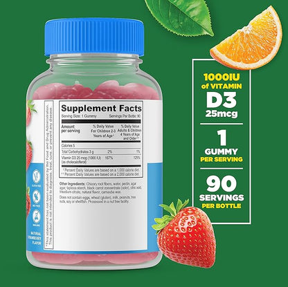Lifeable Sugar Free Vitamin D for Kids 1000 IU – Great Tasting Natural Flavor Gummy Supplement – Gluten Free Vegetarian Chewable – for Strong and Healthy Bones, for Children, Teen, Toddler, 90 Gummies