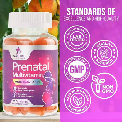 Prenatal Gummy with Folic Acid, Prenatal Vitamins and Minerals for Fetal Support, Vitamin A, C, D3, B12, B6 & Folate, Prenatal Multivitamin for Pregnant & Nursing Women - 60 Gummies, 30 Day Supply